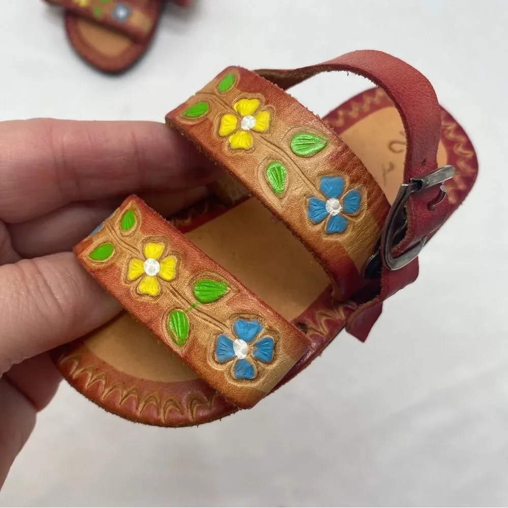 Handmade Mexico Leather Flower Sandals size 2 - Picture 2 of 6